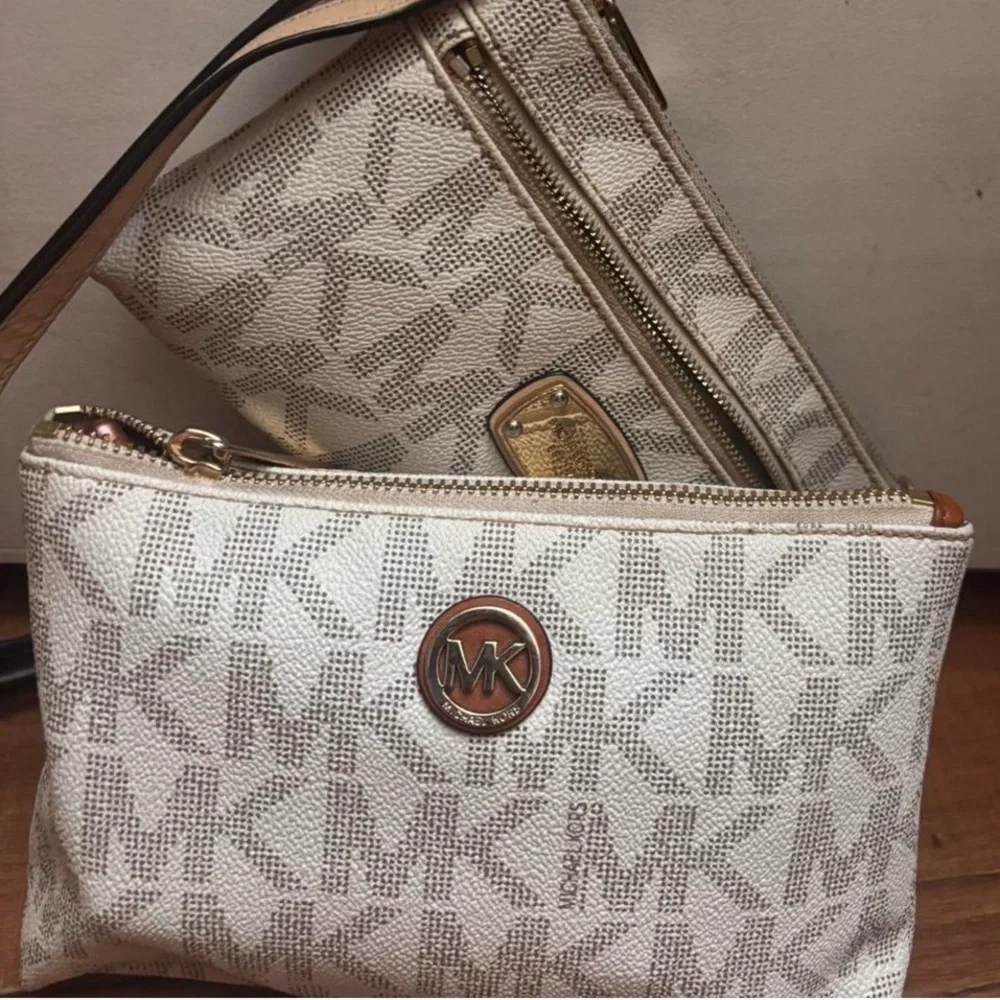 Michael Kors Beige Signature MK Wristlet Clutch with Gold Hardware